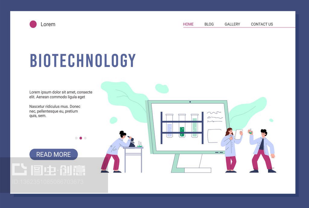 生物技术实验室研发网站,平面矢量插图。